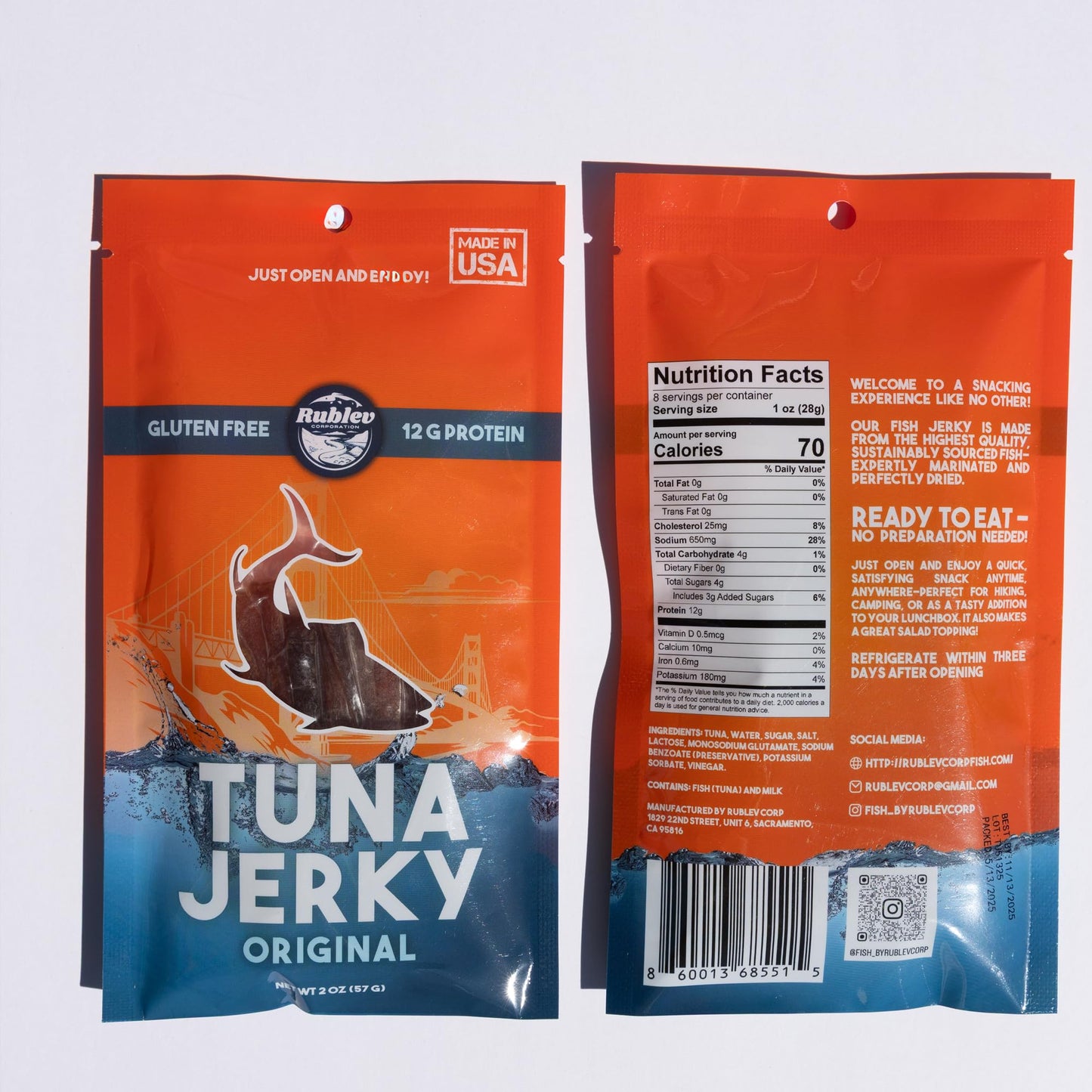 Rublev Fish Jerky - Wild-Caught Tuna, Original Flavor, Dried Fish Strips, Omega-3 Rich, High-Protein Snack, Keto Friendly, Gluten-Free, Low-Carb, Made in USA, 2oz